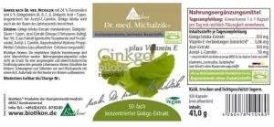 Etikett Inhaltsstoffe Ginkgo biloba Extrakt plus Kapseln von Dr. Michalzik