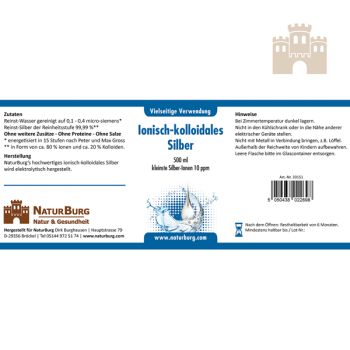 Preview: Silberwasser Kolloidales Silber 10ppm 500 ml Preview: kolloidales Silber 10 ppm