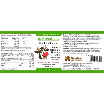NaturBurg Kuh-Perli aktiv Etikett Rutin, Thymian und Himbeere.