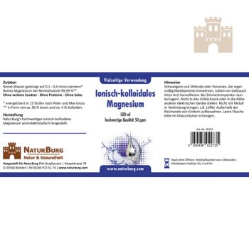 Preview: Kolloidales Magnesium 50 ppm 500 ml Liquid Preview: Etikett - Kolloidales Magnesium flüssig Liquid 500 ml