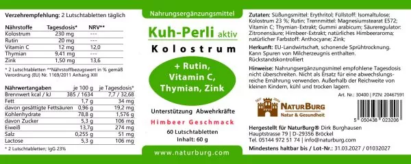 NaturBurg Kuh-Perli aktiv Etikett Rutin, Thymian und Himbeere.