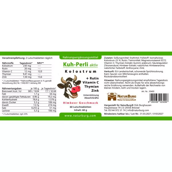 NaturBurg Kuh-Perli aktiv Etikett Rutin, Thymian und Himbeere.