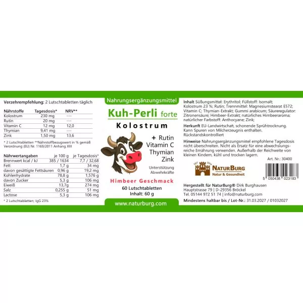 NaturBurg Kuh-Perli forte Etikett Rutin, Thymian und Himbeere. NaturBurg Kuh-Perli forte Etikett Rutin, Thymian und Himbeere.
