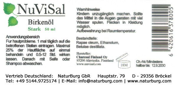NuViSal Birkenteer Öl Etikett mit Vertrieb NaturBurg