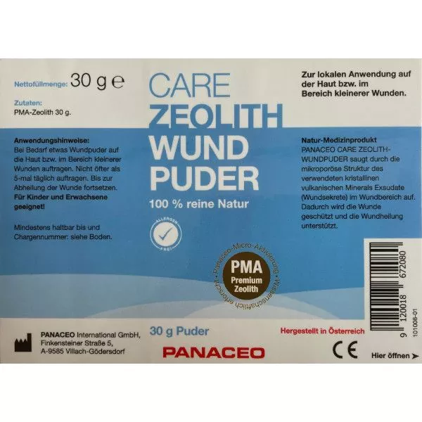 Panaceo Care Zeolith Wundpuder 30 g Etikett