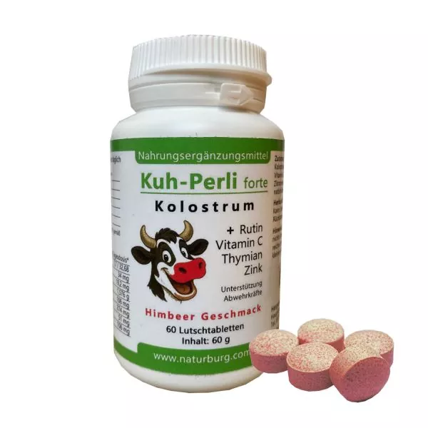 Vitamintablette Kuh-Perli forte mit Kolostrum, Vitamin C, Rutin, Thymian und Himbeere Vitamintablette Kuh-Perli forte mit Kolostrum, Vitamin C, Rutin, Thymian und Himbeere